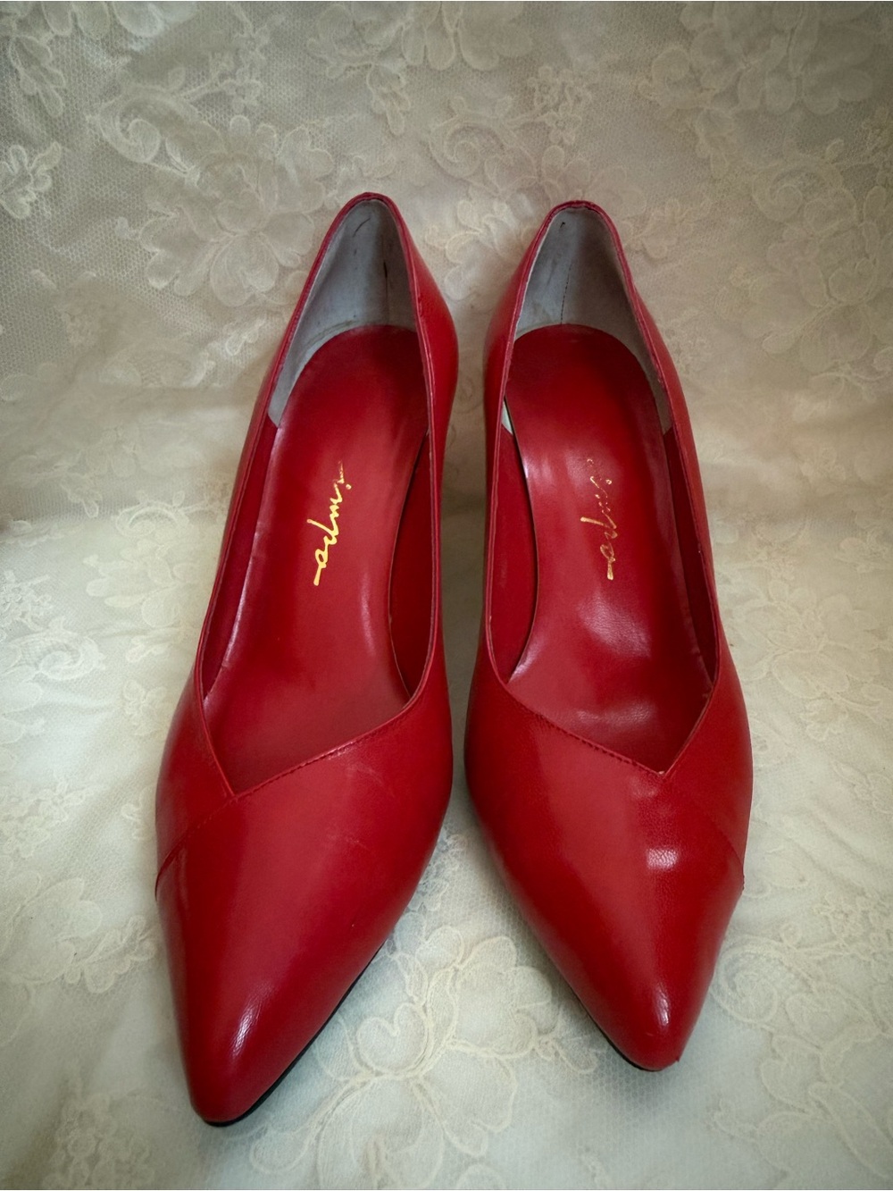 Vintage IMPO Brand Red Leather Pointed-Toe Heels 8.5 1980s 1990s Coquette - Picture 11 of 13